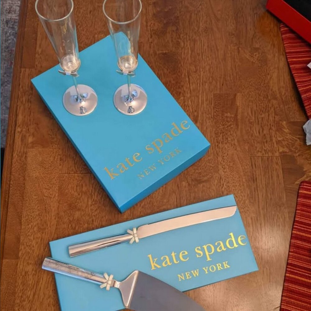 Kate Spade Lenox Wedding Set with Bow Design - Champagne Flutes & Cake Service